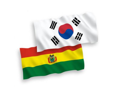 Güney Kore ve Bolivya 'nın ulusal taşıyıcı kumaş bayrakları beyaz arka planda izole edildi. 1 'e 2 oranında.