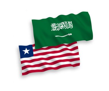 Beyaz arka planda, Suudi Arabistan ve Liberya 'nın ulusal taşıyıcı kumaş bayrakları izole edildi. 1 'e 2 oranında.