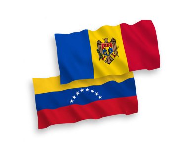 Beyaz arka planda Venezuela ve Moldova 'nın ulusal taşıyıcı kumaş bayrakları izole edildi. 1 'e 2 oranında.