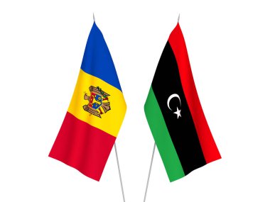 Libya ve Moldova 'nın ulusal kumaş bayrakları beyaz arka planda izole edildi. 3d resimleme.