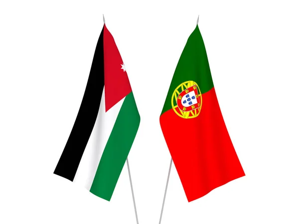 ヨルダン王国とポルトガルのハシェミット王国の国旗が白地に隔離されている 3Dレンダリング図 — ストック写真