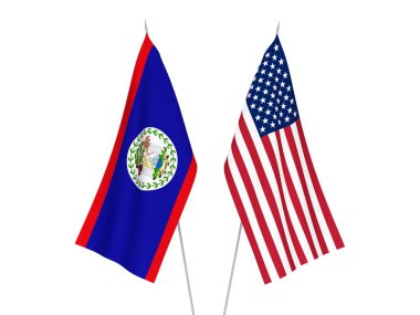 Beyaz arka planda Amerika ve Belize 'nin ulusal kumaş bayrakları izole edildi. 3d resimleme.