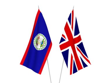 Beyaz arka planda Büyük Britanya ve Belize 'nin ulusal kumaş bayrakları izole edildi. 3d resimleme.