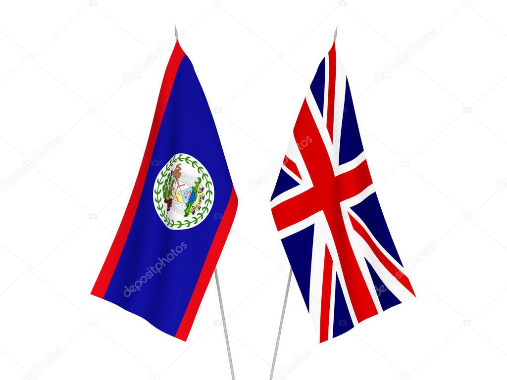 National fabric flags of Great Britain and Belize isolated on white background. 3d rendering illustration.