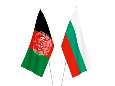 Beyaz arka planda Bulgaristan ve Afganistan İslam Cumhuriyeti 'nin ulusal kumaş bayrakları izole edildi. 3d resimleme.