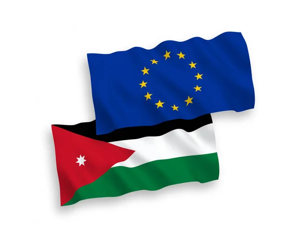 欧洲联盟和约旦哈希姆王国的国家病媒织物波条旗在白色背景下隔离 1比2的比例 — 图库矢量图片
