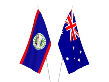 Avustralya ve Belize 'nin ulusal kumaş bayrakları beyaz arka planda izole edildi. 3d resimleme.