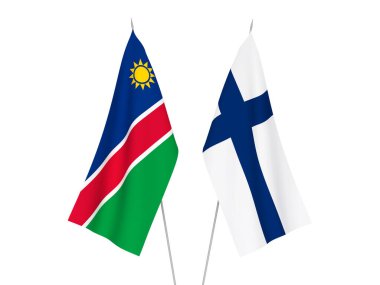 Beyaz arka planda Namibya Cumhuriyeti ve Finlandiya 'nın ulusal kumaş bayrakları izole edildi. 3d resimleme.
