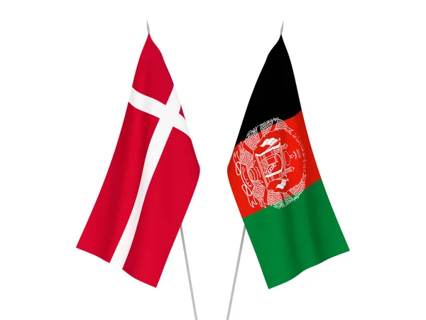 Bandiere Tessuto Nazionale Della Repubblica Islamica Afghanistan Danimarca Isolate Sfondo — Foto Stock