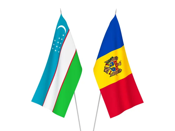 Bandeiras Tecido Nacional Uzbequistão Moldávia Isoladas Fundo Branco Ilustração Renderização — Fotografia de Stock