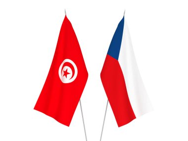 Tunus Cumhuriyeti ve Çek Cumhuriyeti 'nin ulusal kumaş bayrakları beyaz arka planda izole edildi. 3d resimleme.