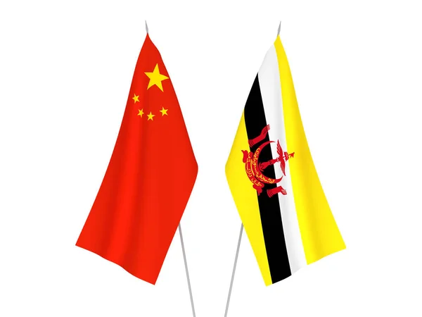 Národní Textilní Vlajky Číny Brunej Izolované Bílém Pozadí Vykreslování Ilustrace — Stock fotografie