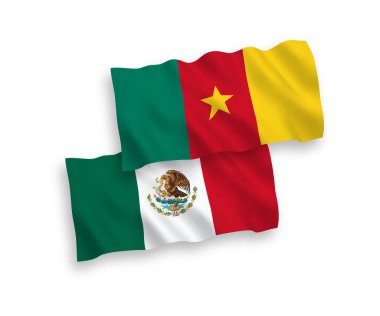 Beyaz arka planda Meksika ve Kamerun 'un ulusal taşıyıcı kumaş bayrakları izole edildi. 1 'e 2 oranında.