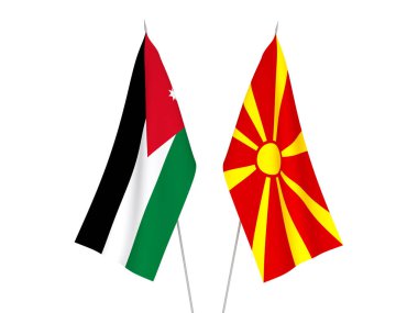 Kuzey Makedonya 'nın ulusal kumaş bayrakları ve Ürdün' ün Haşim Krallığı beyaz arka planda izole edildi. 3d resimleme.