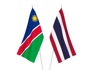 Beyaz arka planda Tayland ve Namibya Cumhuriyeti 'nin ulusal kumaş bayrakları izole edildi. 3d resimleme.