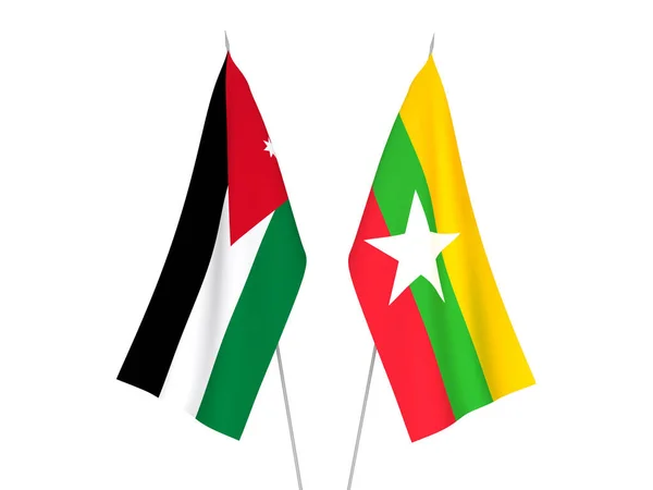 Белом Фоне Выделены Национальные Тканевые Флаги Мьянмы Иорданского Хашимитского Королевства — стоковое фото