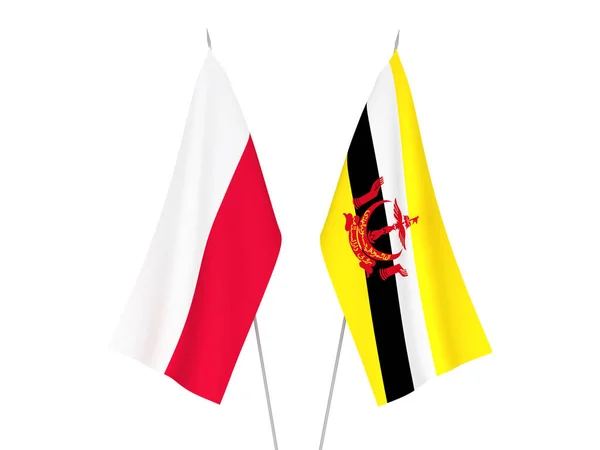 Narodowe Flagi Tkanin Brunei Polski Odizolowane Białym Tle Ilustracja Renderowania — Zdjęcie stockowe