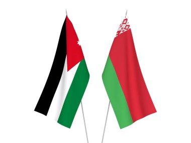 Beyaz arka planda Beyaz Rusya 'nın ulusal kumaş bayrakları ve Ürdün' ün Haşim Krallığı izole edildi. 3d resimleme.