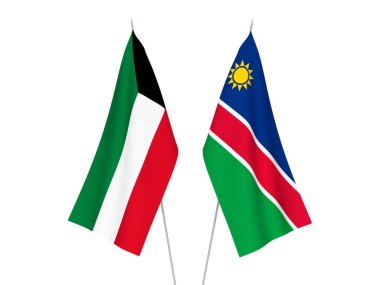 Beyaz arka planda Kuveyt ve Namibya Cumhuriyeti 'nin ulusal kumaş bayrakları izole edildi. 3d resimleme.