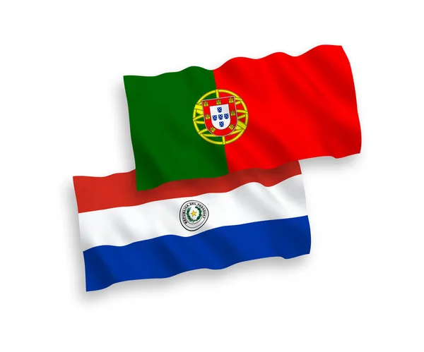 Nationell Vektor Tyg Våg Flaggor Portugal Och Paraguay Isolerad Vit — Stock vektor