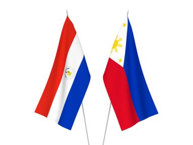 Beyaz arka planda, Filipinler ve Paraguay 'ın ulusal kumaş bayrakları izole edildi. 3d resimleme.