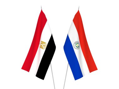 Beyaz arka planda Mısır ve Paraguay 'ın ulusal kumaş bayrakları izole edildi. 3d resimleme.