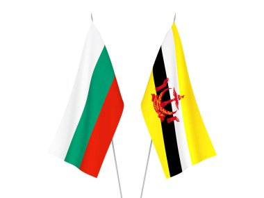 Bulgaristan ve Brunei 'nin ulusal kumaş bayrakları beyaz arka planda izole edildi. 3d resimleme.