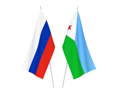 Beyaz arka planda Rusya ve Cibuti Cumhuriyeti 'nin ulusal kumaş bayrakları izole edildi. 3d resimleme.