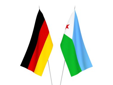 Beyaz arka planda Almanya ve Cibuti Cumhuriyeti 'nin ulusal kumaş bayrakları izole edildi. 3d resimleme.