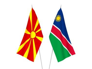 Beyaz arka planda Kuzey Makedonya ve Namibya Cumhuriyeti 'nin ulusal kumaş bayrakları izole edildi. 3d resimleme.