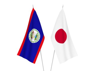 Beyaz arka planda Japonya ve Belize 'nin ulusal kumaş bayrakları izole edildi. 3d resimleme.