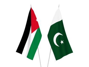 Pakistan 'ın ulusal kumaş bayrakları ve Ürdün' ün Haşim Krallığı beyaz arka planda izole edildi. 3d resimleme.