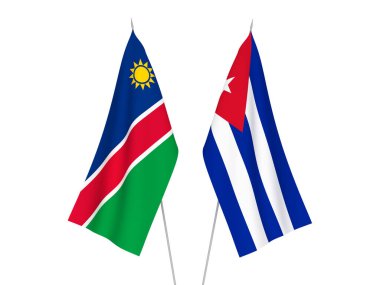 Beyaz arka planda Küba ve Namibya Cumhuriyeti 'nin ulusal kumaş bayrakları izole edildi. 3d resimleme.