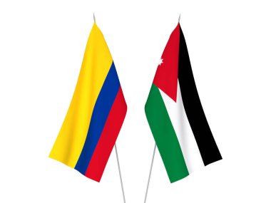 Beyaz arka planda Kolombiya 'nın ulusal kumaş bayrakları ve Ürdün' ün Haşim Krallığı izole edildi. 3d resimleme.