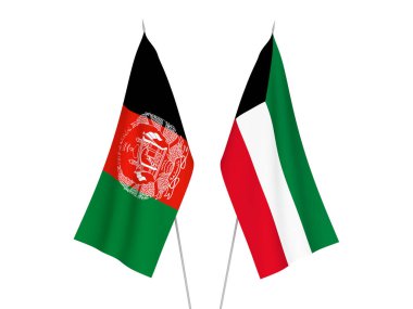 Beyaz arka planda Kuveyt ve Afganistan İslam Cumhuriyeti 'nin ulusal kumaş bayrakları izole edildi. 3d resimleme.