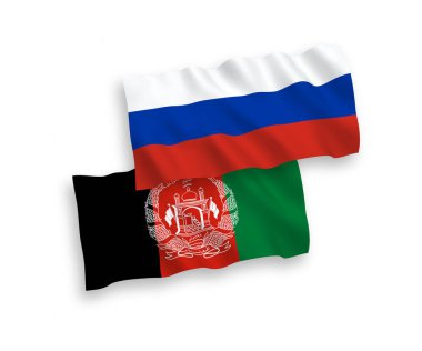 Afganistan İslam Cumhuriyeti ve Rusya 'nın ulusal taşıyıcı kumaş bayrakları beyaz arka planda izole edildi. 1 'e 2 oranında.