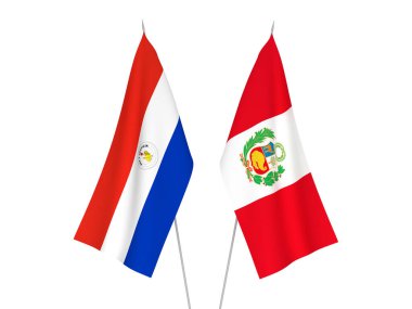 Beyaz arka planda Peru ve Paraguay 'ın ulusal kumaş bayrakları izole edildi. 3d resimleme.