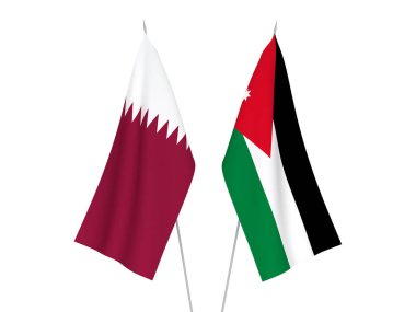 Beyaz arka planda Katar 'ın ulusal kumaş bayrakları ve Ürdün Haşim Krallığı izole edildi. 3d resimleme.