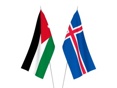 İzlanda 'nın ulusal kumaş bayrakları ve Ürdün' ün Haşim Krallığı beyaz arka planda izole edildi. 3d resimleme.