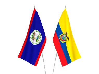 Beyaz arka planda Ekvador ve Belize 'nin ulusal kumaş bayrakları izole edildi. 3d resimleme.