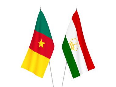 Beyaz arka planda Tacikistan ve Kamerun 'un ulusal kumaş bayrakları izole edildi. 3d resimleme.