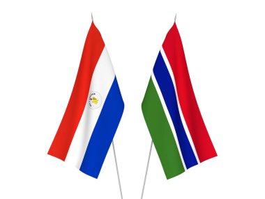 Gambiya Cumhuriyeti ve Paraguay 'ın ulusal kumaş bayrakları beyaz arka planda izole edildi. 3d resimleme.