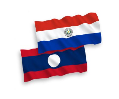 Beyaz arka planda Paraguay ve Laos 'un ulusal taşıyıcı kumaş bayrakları izole edildi. 1 'e 2 oranında.