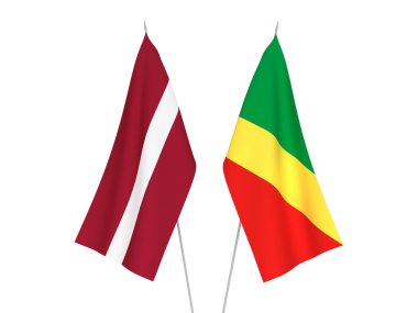 Beyaz arka planda Letonya ve Kongo Cumhuriyeti 'nin ulusal kumaş bayrakları izole edildi. 3d resimleme.