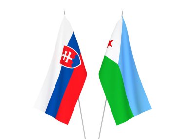 Cibuti Cumhuriyeti ve Slovakya 'nın ulusal kumaş bayrakları beyaz arka planda izole edildi. 3d resimleme.