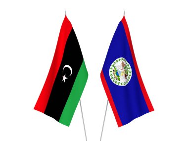 Libya ve Belize 'nin ulusal kumaş bayrakları beyaz arka planda izole edildi. 3d resimleme.