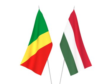 Beyaz arka planda, Kongo Cumhuriyeti ve Macaristan 'ın ulusal kumaş bayrakları izole edildi. 3d resimleme.