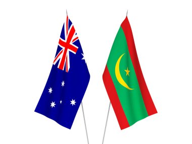 Avustralya 'nın ulusal kumaş bayrakları ve Moritanya İslam Cumhuriyeti beyaz arka planda izole edildi. 3d resimleme.