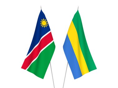 Gabon ve Namibya Cumhuriyeti 'nin ulusal kumaş bayrakları beyaz arka planda izole edildi. 3d resimleme.