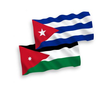 Ürdün ve Küba Haşim Krallığı 'nın ulusal taşıyıcı kumaş bayrakları beyaz arka planda izole edildi. 1 'e 2 oranında.